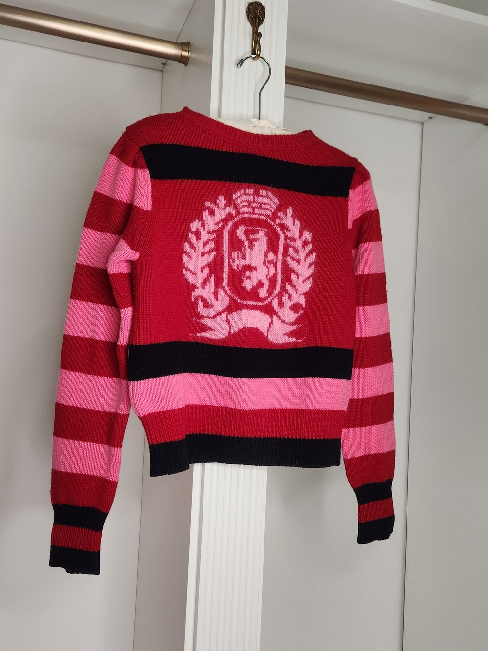 Tommy Hilfiger Collection Red, Pink & Black Striped Crewneck Sweater with Crest